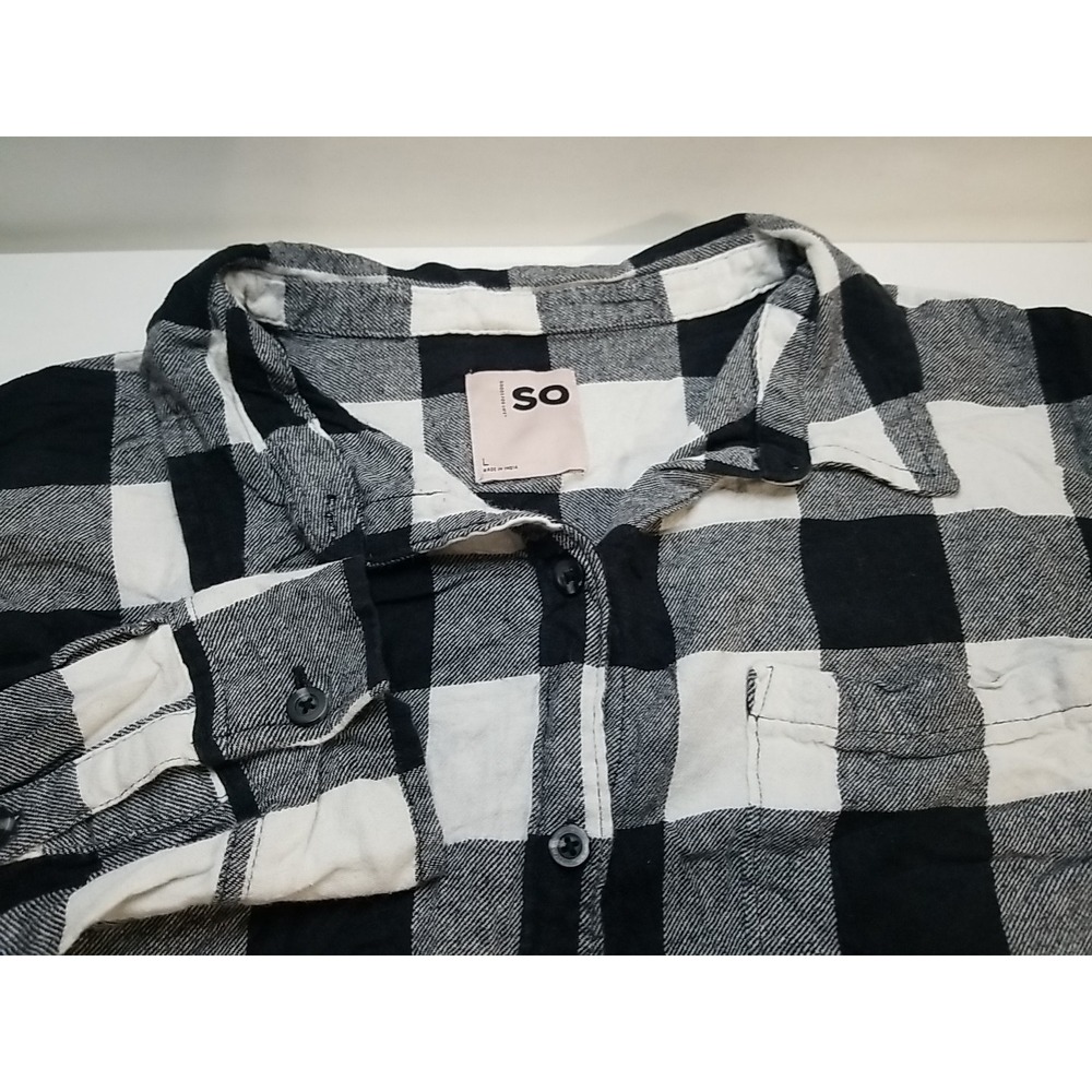 SO Womens Long Sleeve Button Up Flannel Plaid Shirt Large Black White